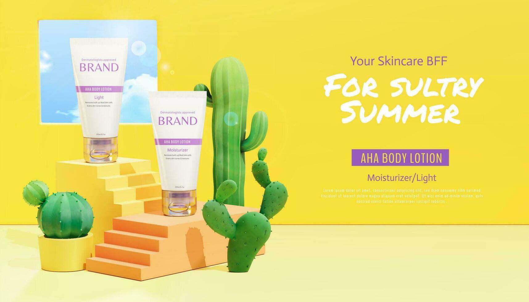 3d ad template for summer acid lotion. Tube mock-up on stair stage with cactus decoration. Suitable for cosmetic promotion. vector