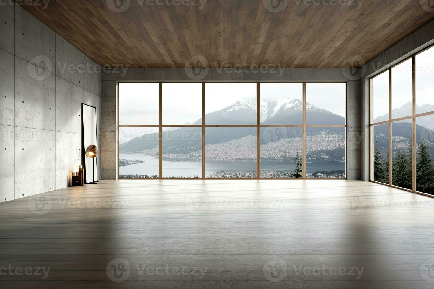 Empty room with panoramic window and mountain view. Generative AI photo