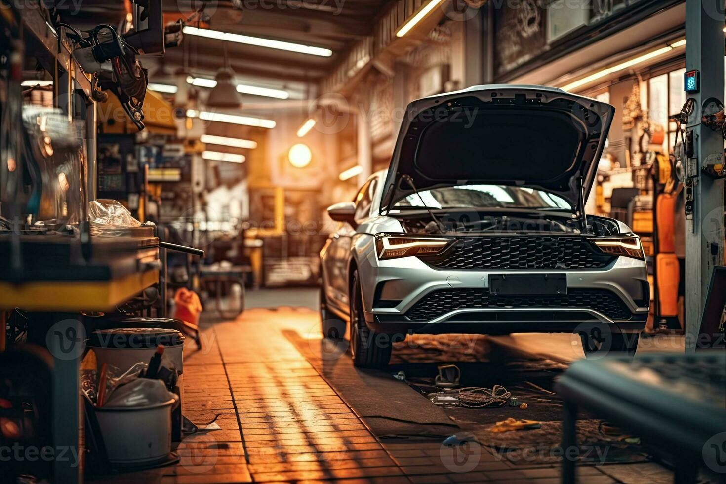 Car repair service. Auto mechanic repairing car in auto repair shop. Generative AI photo
