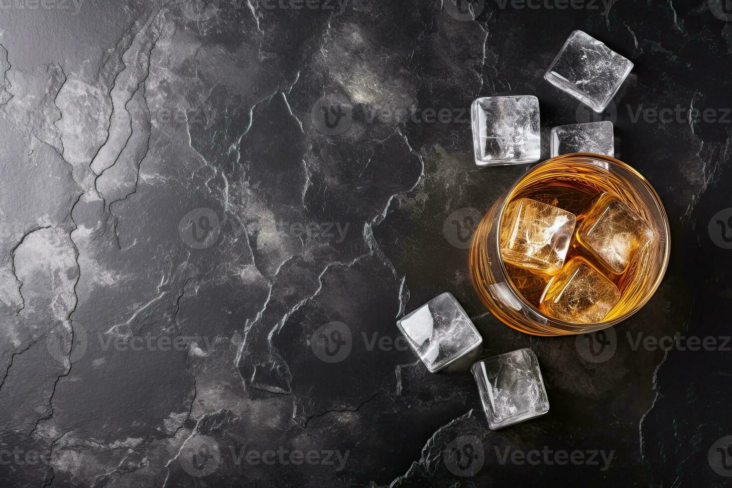 Whiskey with ice cubes on black marble background, top view.  Generative AI photo