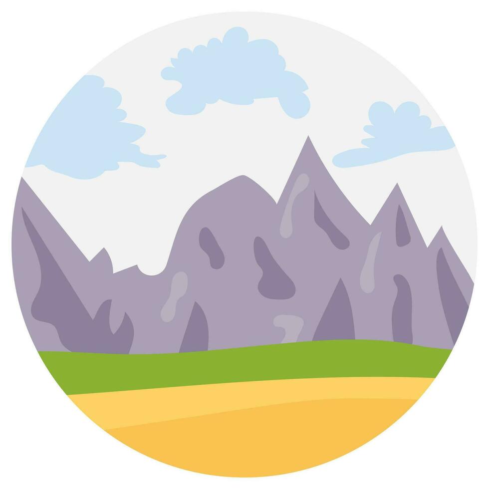 natural dibujos animados paisaje en círculo. vector ilustración en el plano estilo con montañas, azul cielo, nubes y sierras.