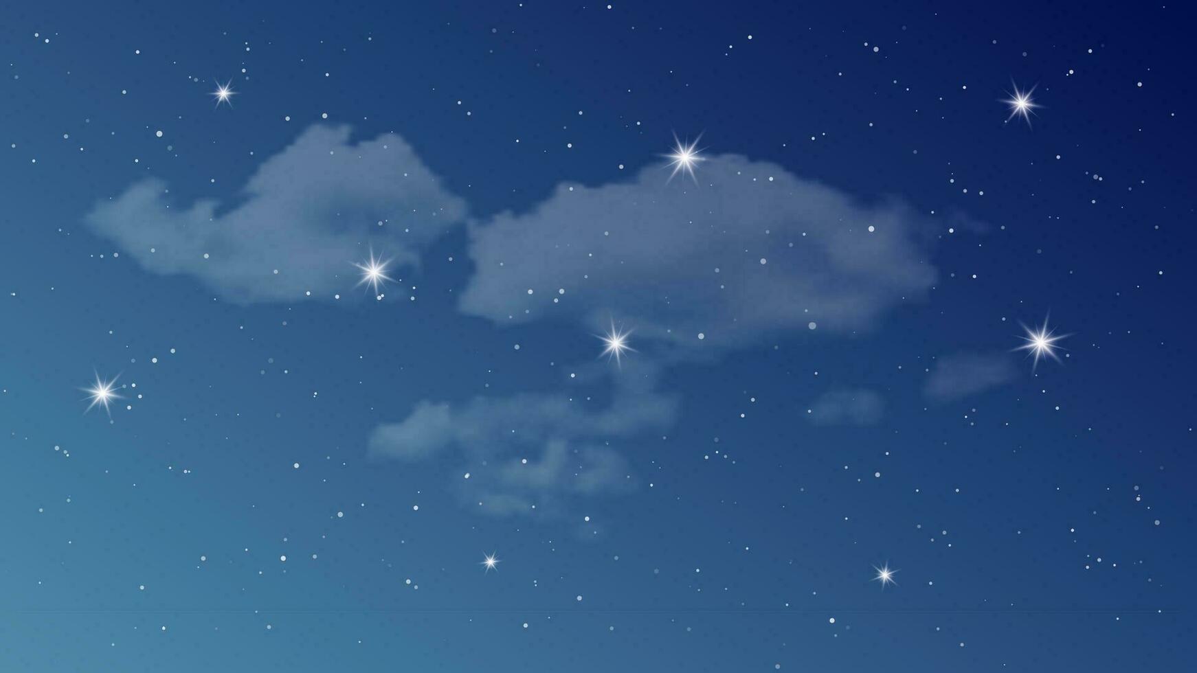 Night sky with clouds and many stars. Abstract nature background with stardust in deep universe. Vector illustration.