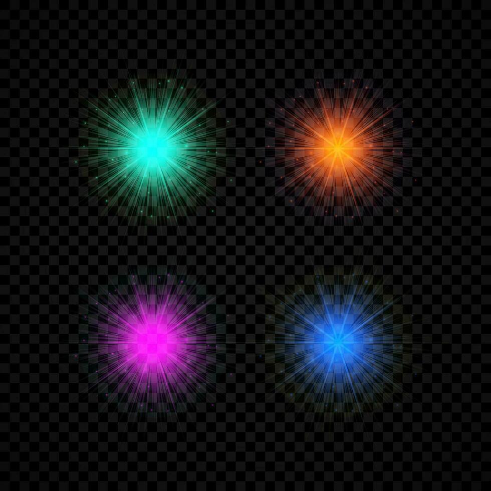 Light effect of lens flares. Set of four green, orange, purple and blue glowing lights starburst effects with sparkles vector