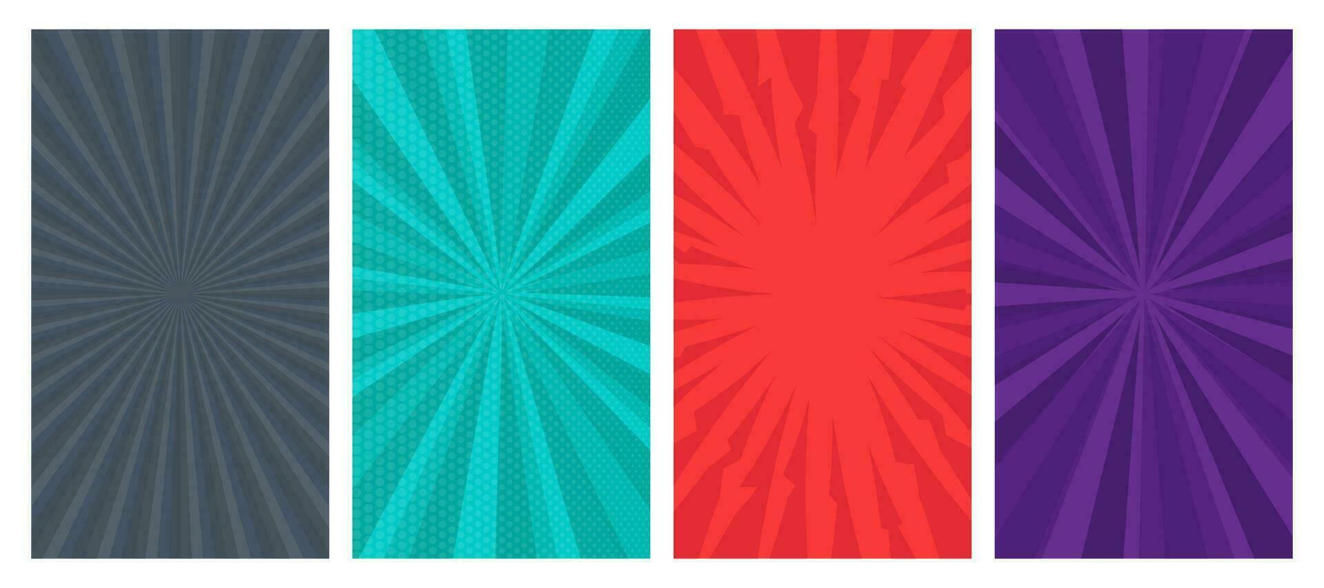 Set of four comic book pages backgrounds in pop art style with empty space. Template with rays, dots and halftone effect texture. Vector illustration