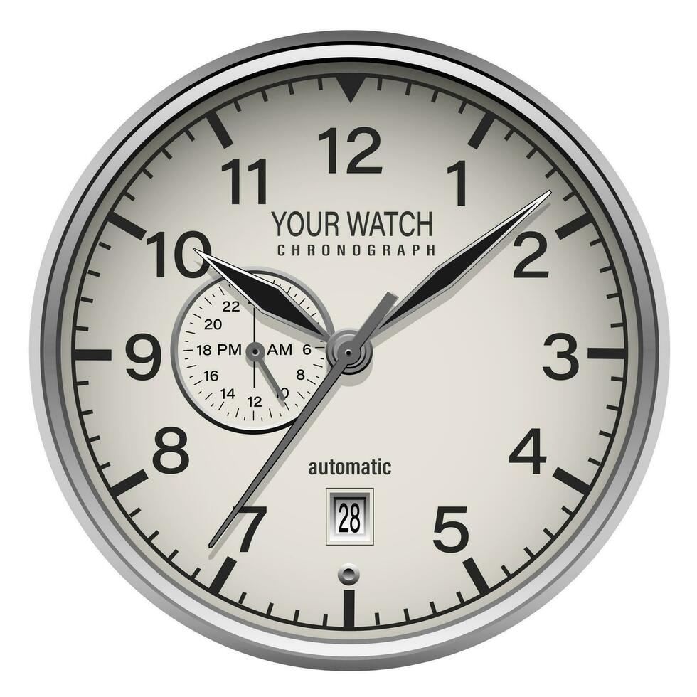 Realistic watch clock chronograph silver face dashboard black on white design classic luxury vector