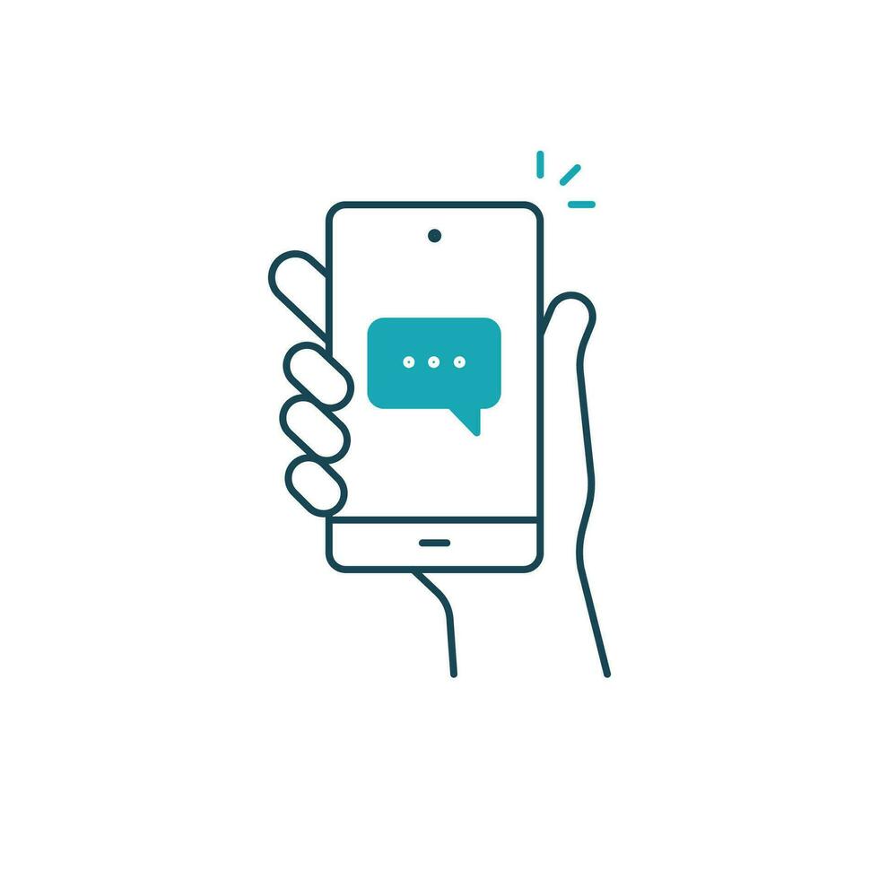Hand hold smartphone, email send, new message notification line icon. Phone message outline icon. Isolated vector