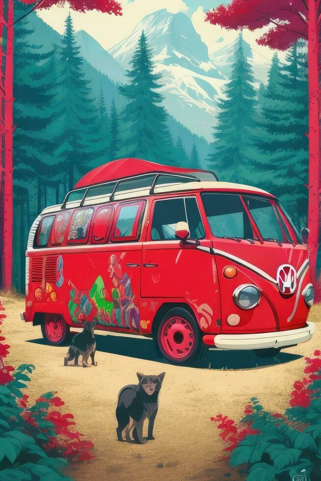 Clásico autobús y un perro en el bosque. vector ilustración. ai generado. foto