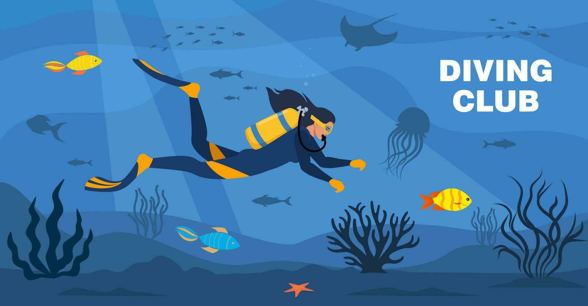 Diving club banner. Diver with diving equipment swims in the sea. Seascape banner with woman underwater. Girl wearing wetsuit with oxygen tank and fins. Underwater world. Vector illustration.