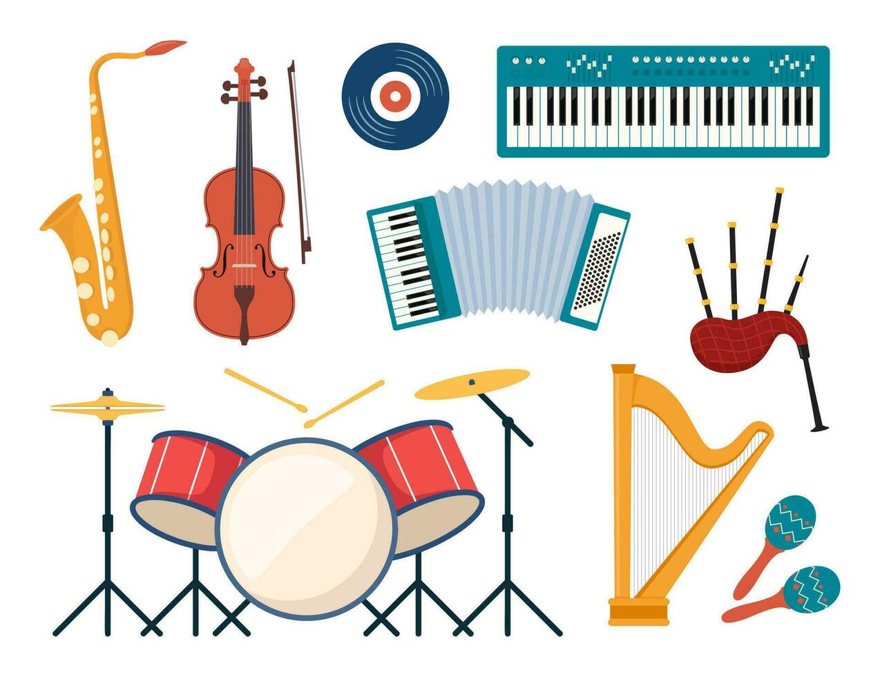 musical instrumentos, conjunto de iconos guitarra, sintetizador, violín, violonchelo, tambor, platillos, saxofón, acordeón, pandereta, grandioso piano. vector ilustración.