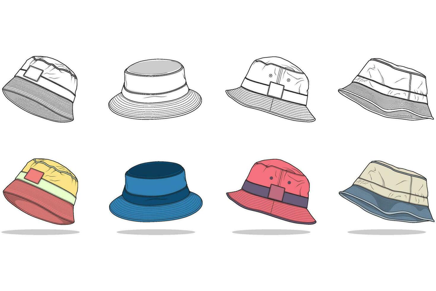 set of color full bucket hat drawing vector, color full bucket hat in a sketch style,  template color full for training, vector Illustration.
