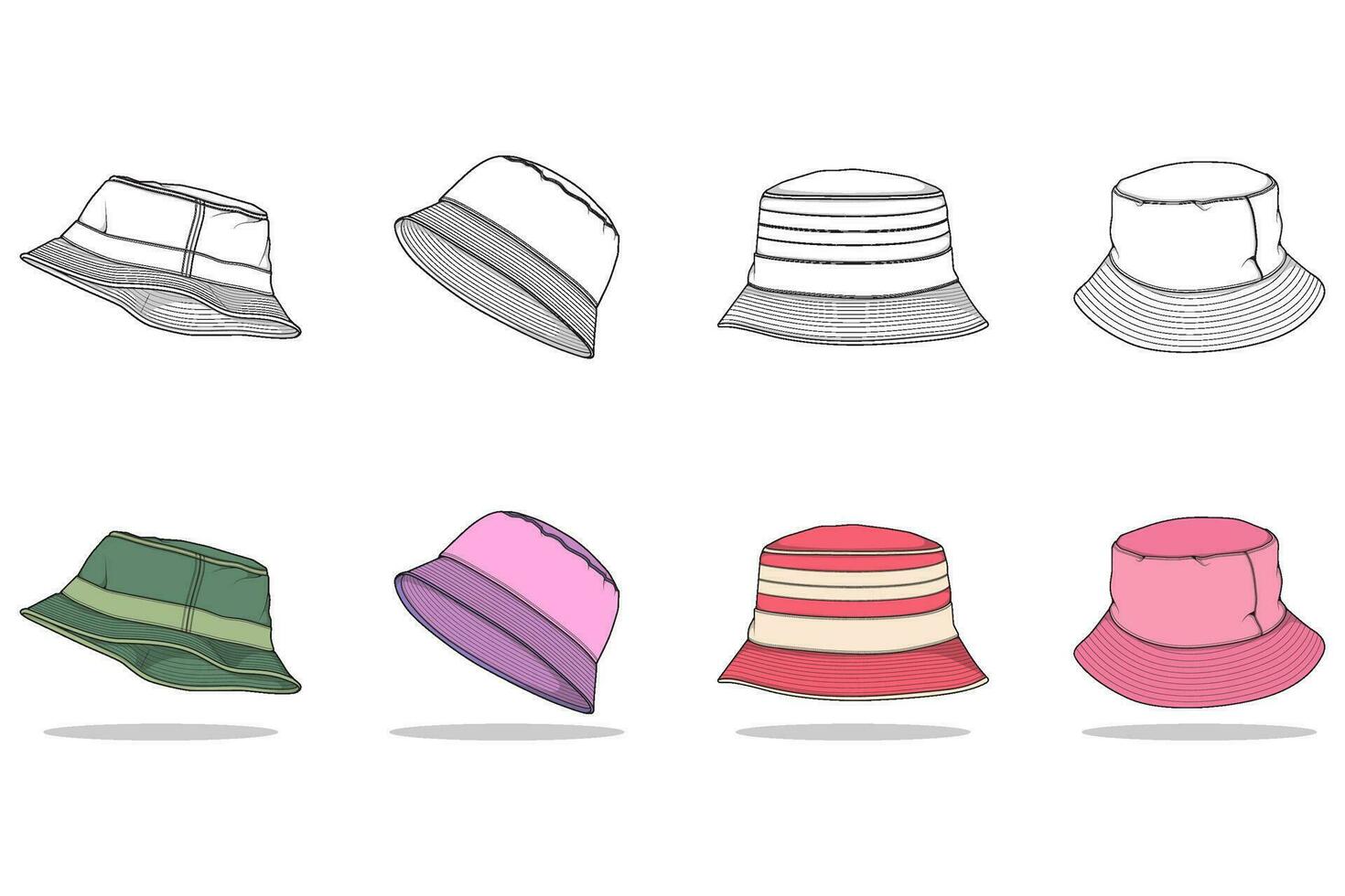 set of color full bucket hat drawing vector, color full bucket hat in a sketch style,  template color full for training, vector Illustration.