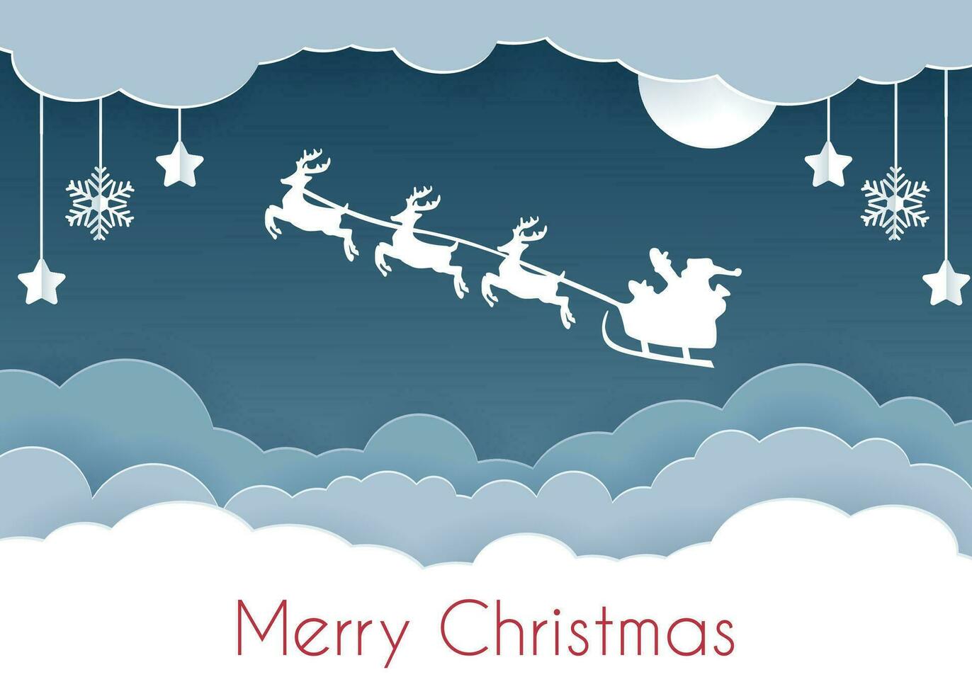 Reindeer team with Santa in the night sky above the clouds. Christmas card in paper cut style .Paper clouds Vector