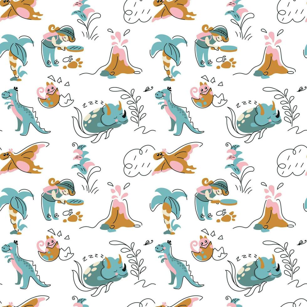 dinosaurios y paleontólogo. niño impresión en garabatear estilo. sin costura modelo para tela, envase, textil, fondo de pantalla, vestir. vector. vector