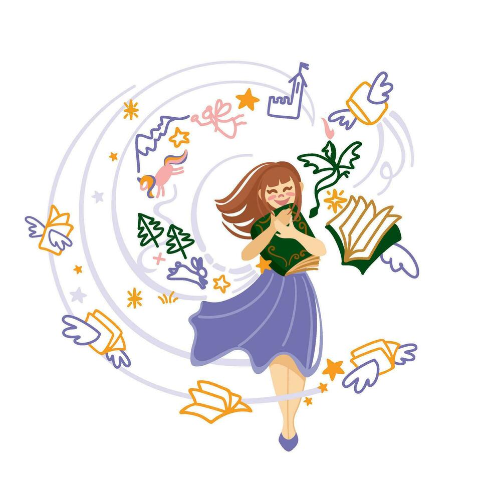 Girl hugging her favorite book with fairy tales. World book day. Vector illustration. Vector.