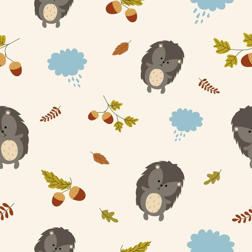 Seamless forest pattern with cute forest animals - fox, deer, hedgehog, squirrel, bear illustrations. Vector illustration