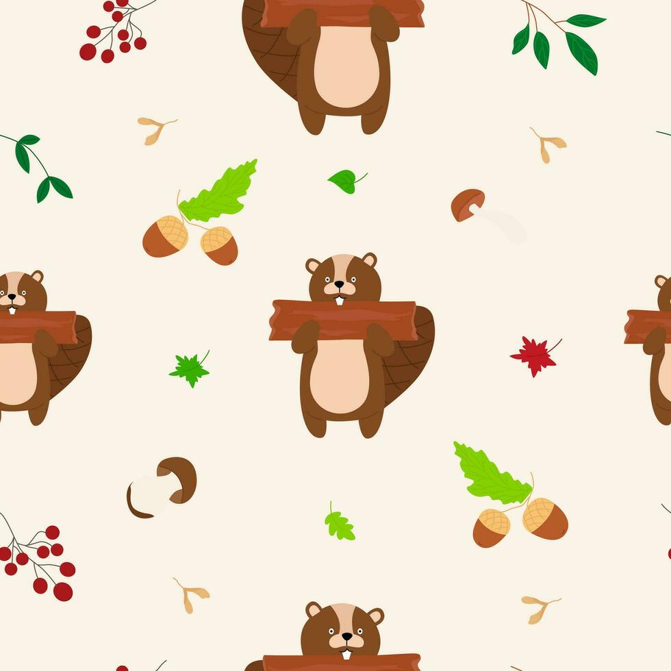 Seamless forest pattern with cute forest animals - fox, deer, hedgehog, squirrel, bear illustrations. Vector illustration