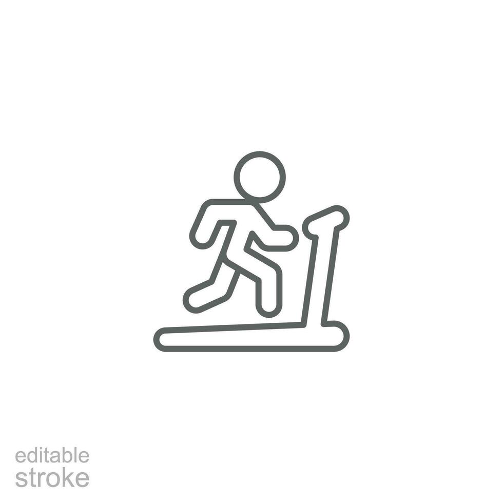 Man running on treadmill icon. Simple outline style. Run, runner, gym equipment, fitness, exercise machine, sport concept. Thin line symbol. Vector isolated on white background. Editable stroke SVG.
