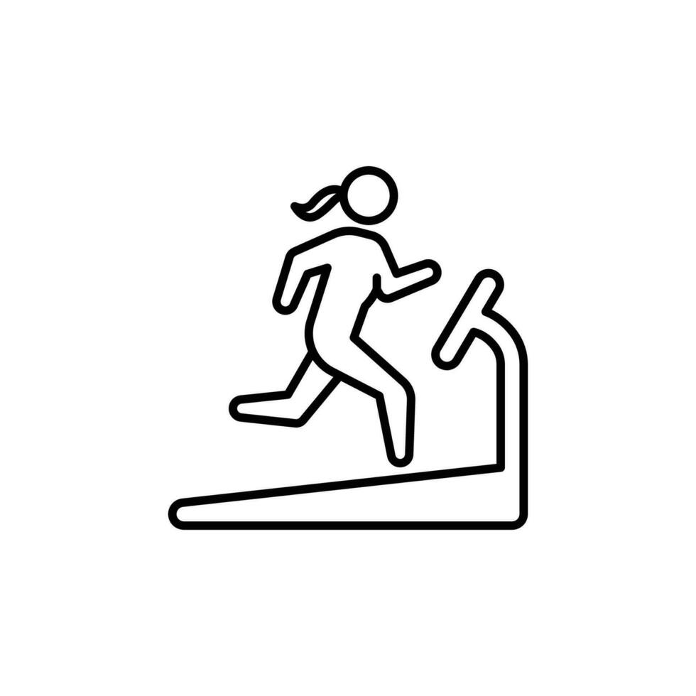 mujer corriendo en rueda de andar icono. sencillo contorno estilo. correr, femenino, gimnasio equipo, aptitud física, ejercicio máquina, deporte concepto. Delgado línea símbolo. vector aislado en blanco antecedentes. svg.