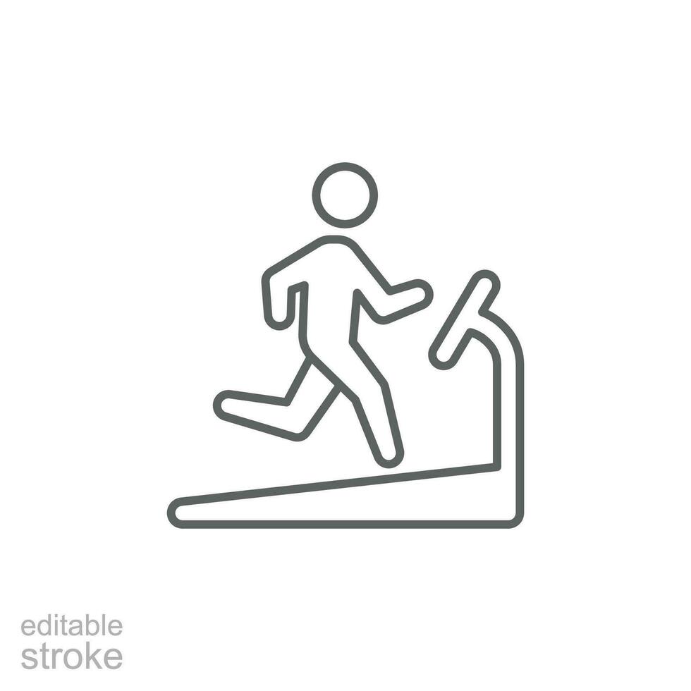 Man running on treadmill icon. Simple outline style. Run, runner, gym equipment, fitness, exercise machine, sport concept. Thin line symbol. Vector isolated on white background. Editable stroke SVG.