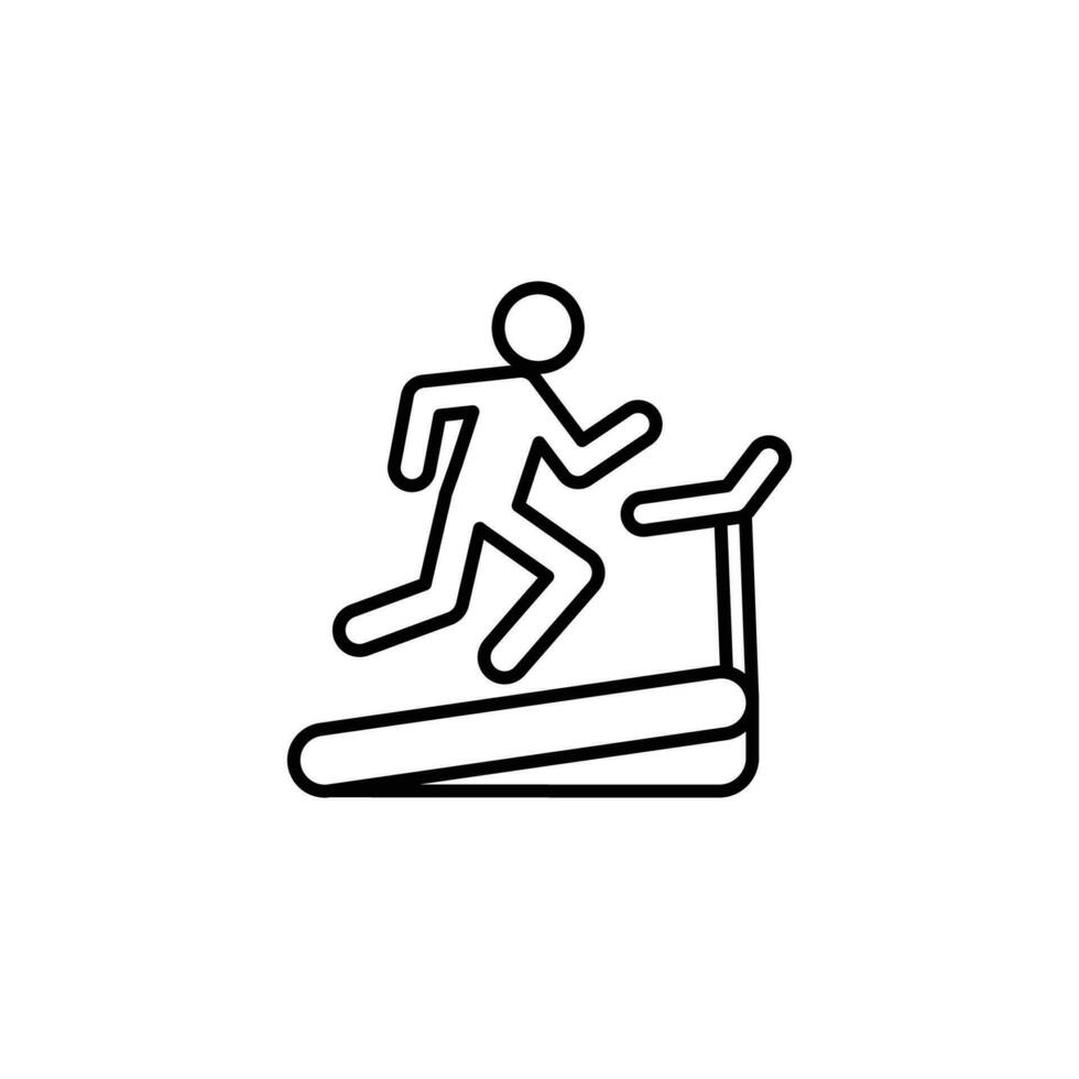 Man running on treadmill icon. Simple outline style. Run, runner, gym equipment, fitness, exercise machine, sport concept. Thin line symbol. Vector isolated on white background. SVG.