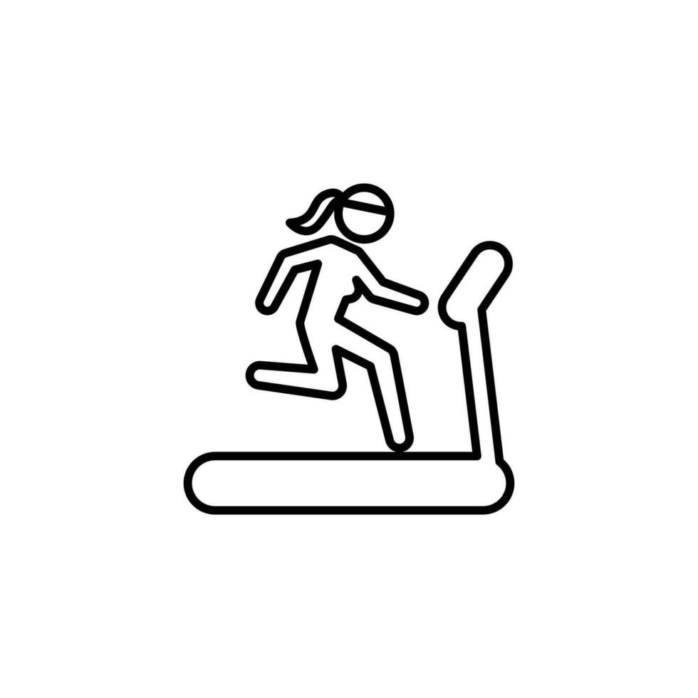 Woman running on treadmill icon. Simple outline style. Run, female, gym equipment, fitness, exercise machine, sport concept. Thin line symbol. Vector isolated on white background. SVG.