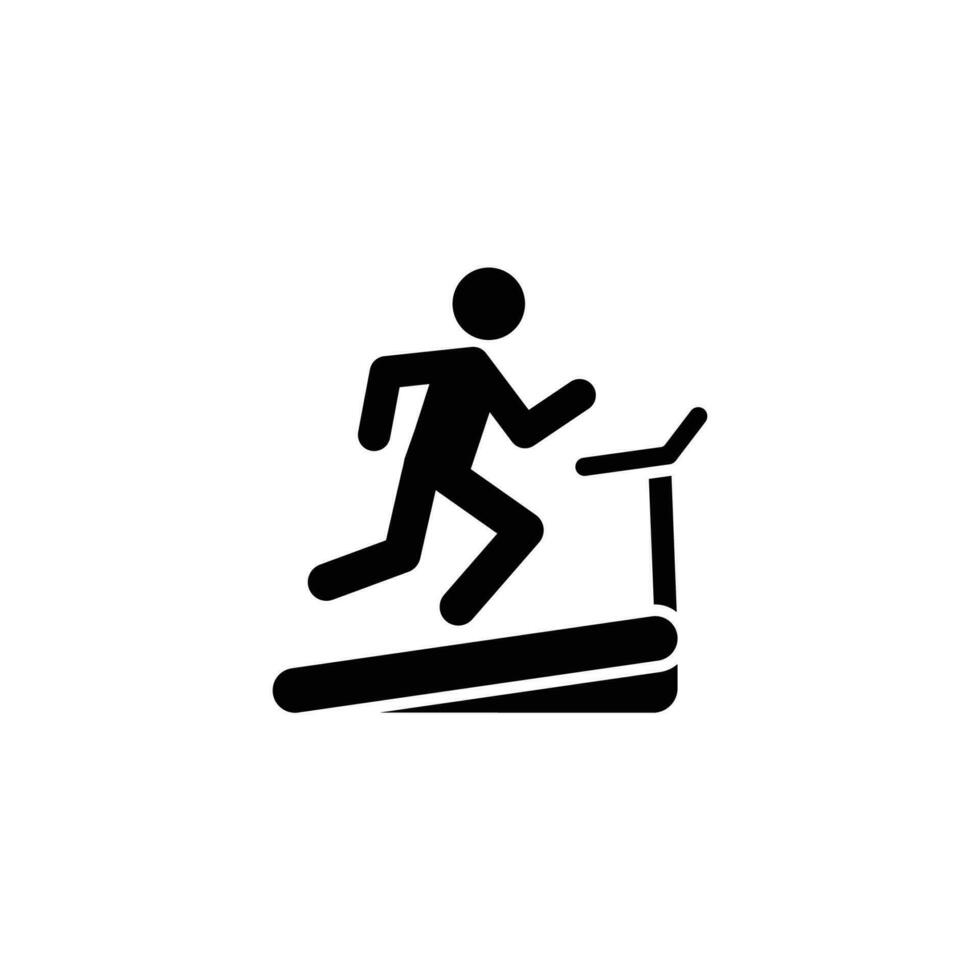 Man running on treadmill icon. Simple solid style. Run, runner, gym equipment, fitness, exercise machine, sport concept. Black silhouette, glyph symbol. Vector isolated on white background. SVG.