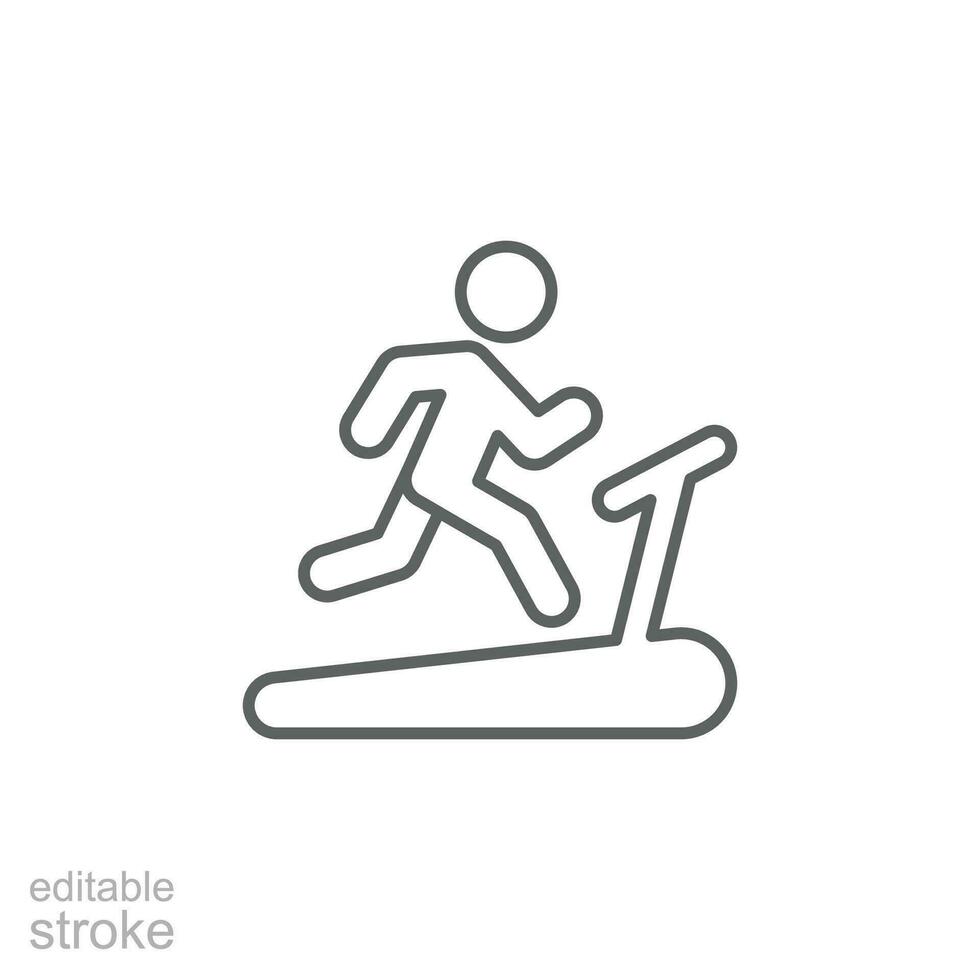 Man running on treadmill icon. Simple outline style. Run, runner, gym equipment, fitness, exercise machine, sport concept. Thin line symbol. Vector isolated on white background. Editable stroke SVG.