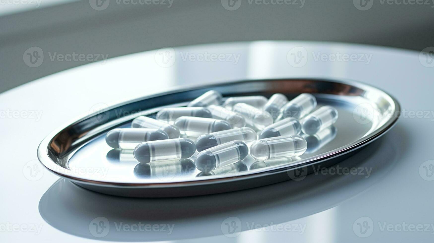 el farmacéutico droga-medicina pastillas cápsulas en plata bandeja. usado para alivio enfermedad, comida suplemento, parte superior vista, ai generativo foto