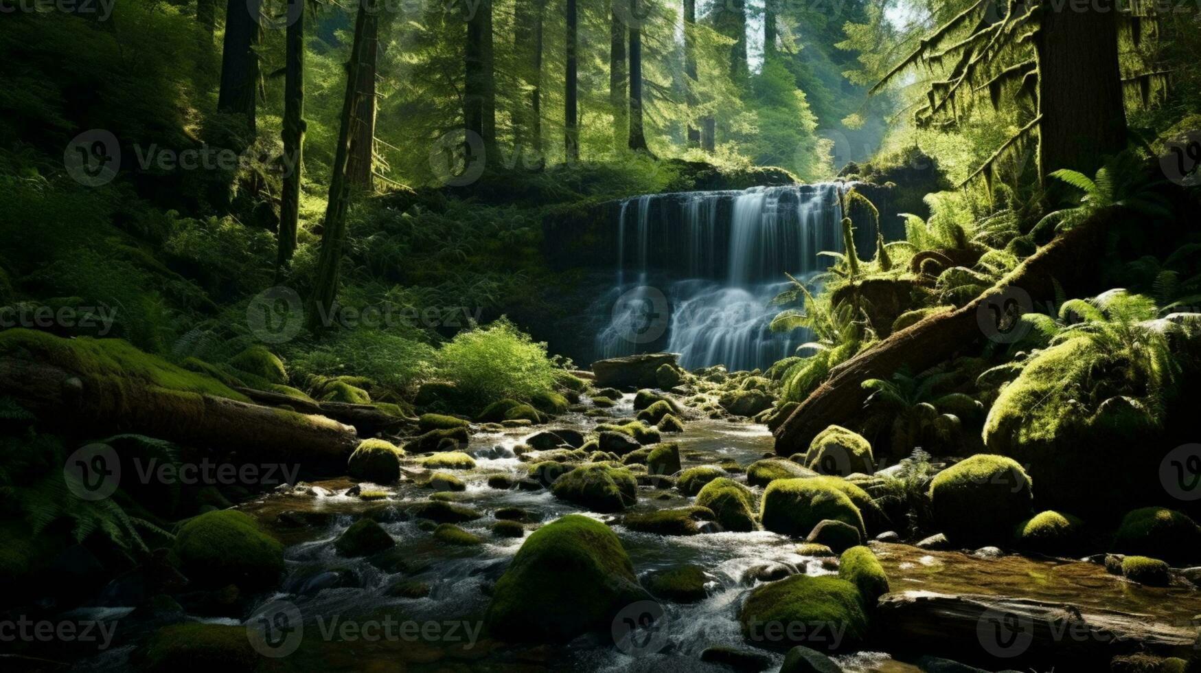 An enchanting forest, a cascading waterfall gushes down moss-covered rocks, surrounded by towering trees and vibrant wildflowers, AI Generative photo