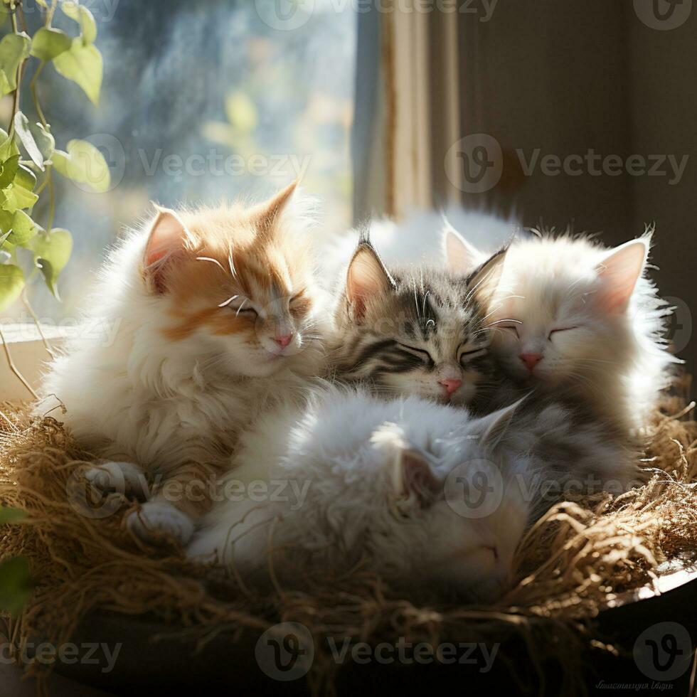 peacefully sleeping baby cat, cozy cute kitten napping, AI Generative photo