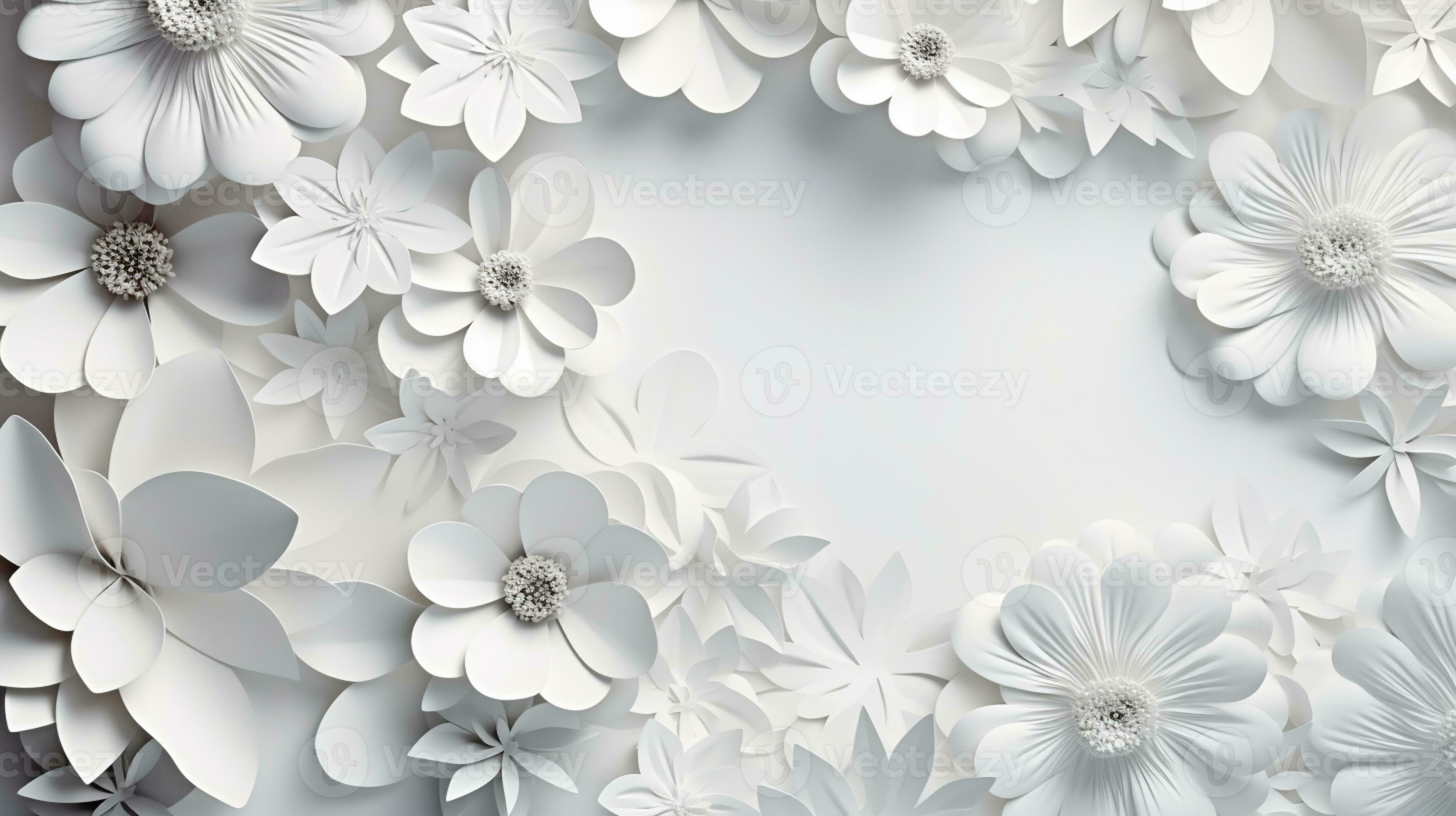 White paper flower wall, floral background, wedding card, greeting