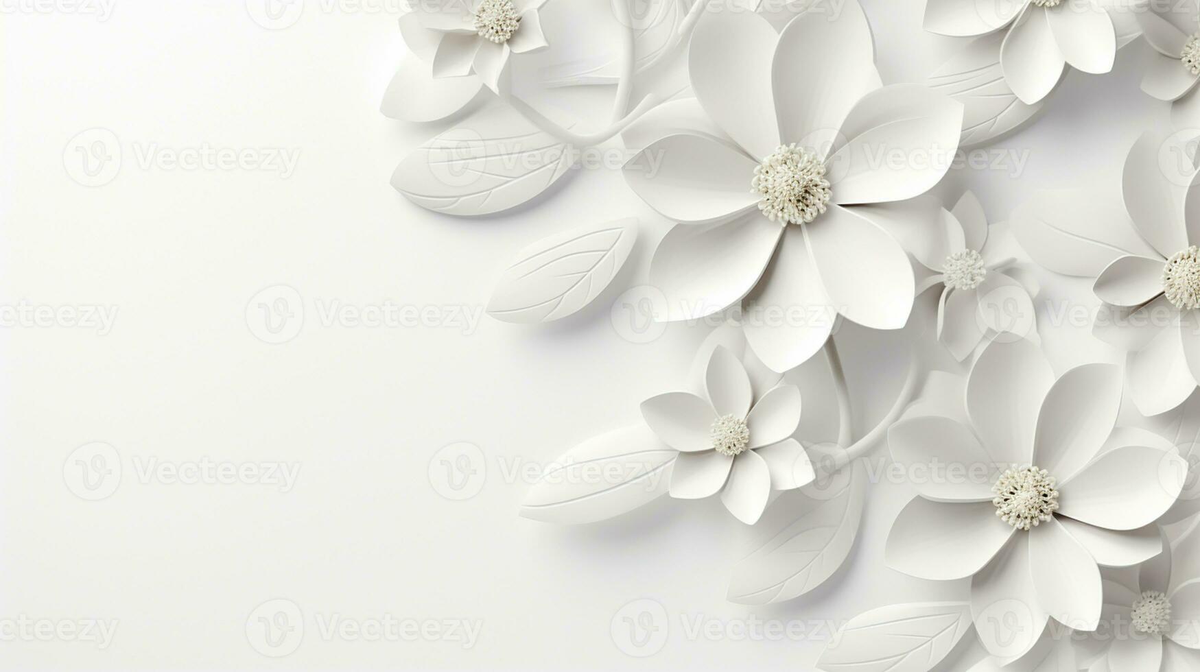 white paper flowers background, wedding decoration, bridal bouquet, greeting card template, copy space, AI Generative photo
