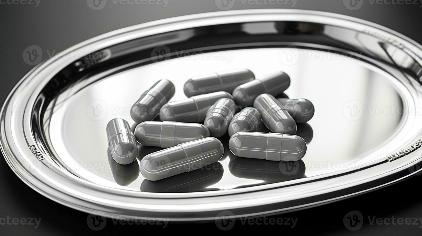 The pharmaceutical drug-medicine pills capsules in silver tray. used for relieving sickness, food supplement, top view, AI Generative photo