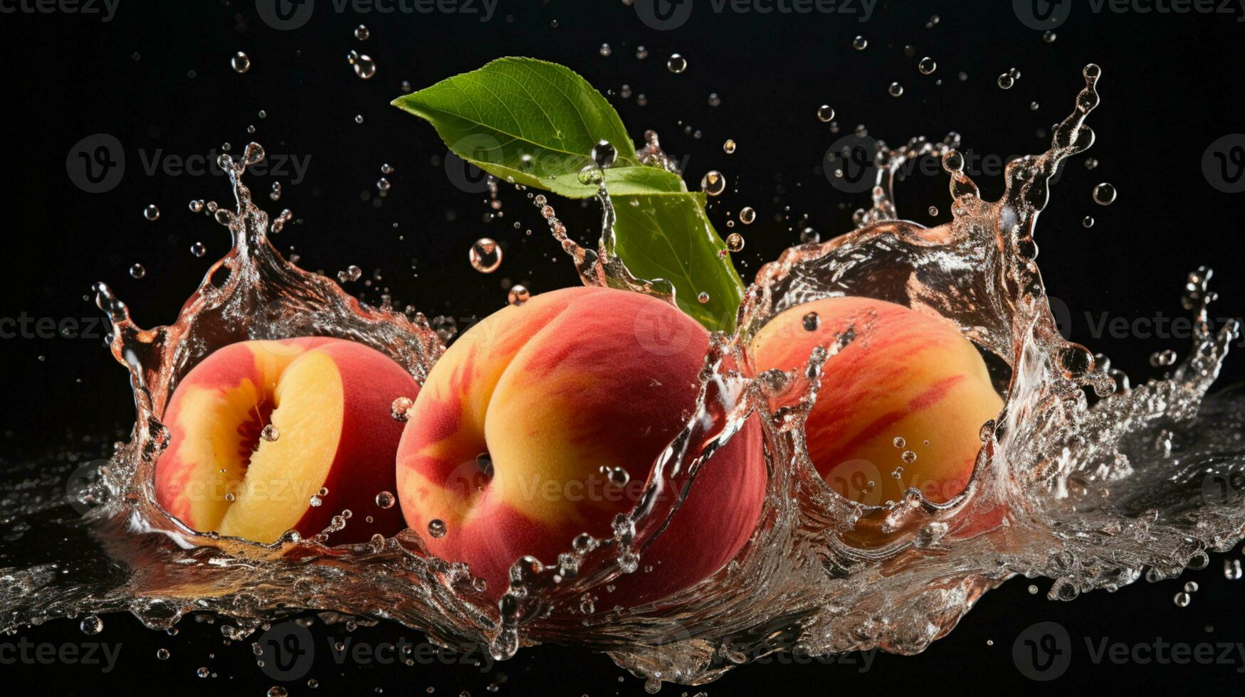 Fresh juicy peach fruit with water splash isolated on background, healthy fruit, AI Generative photo