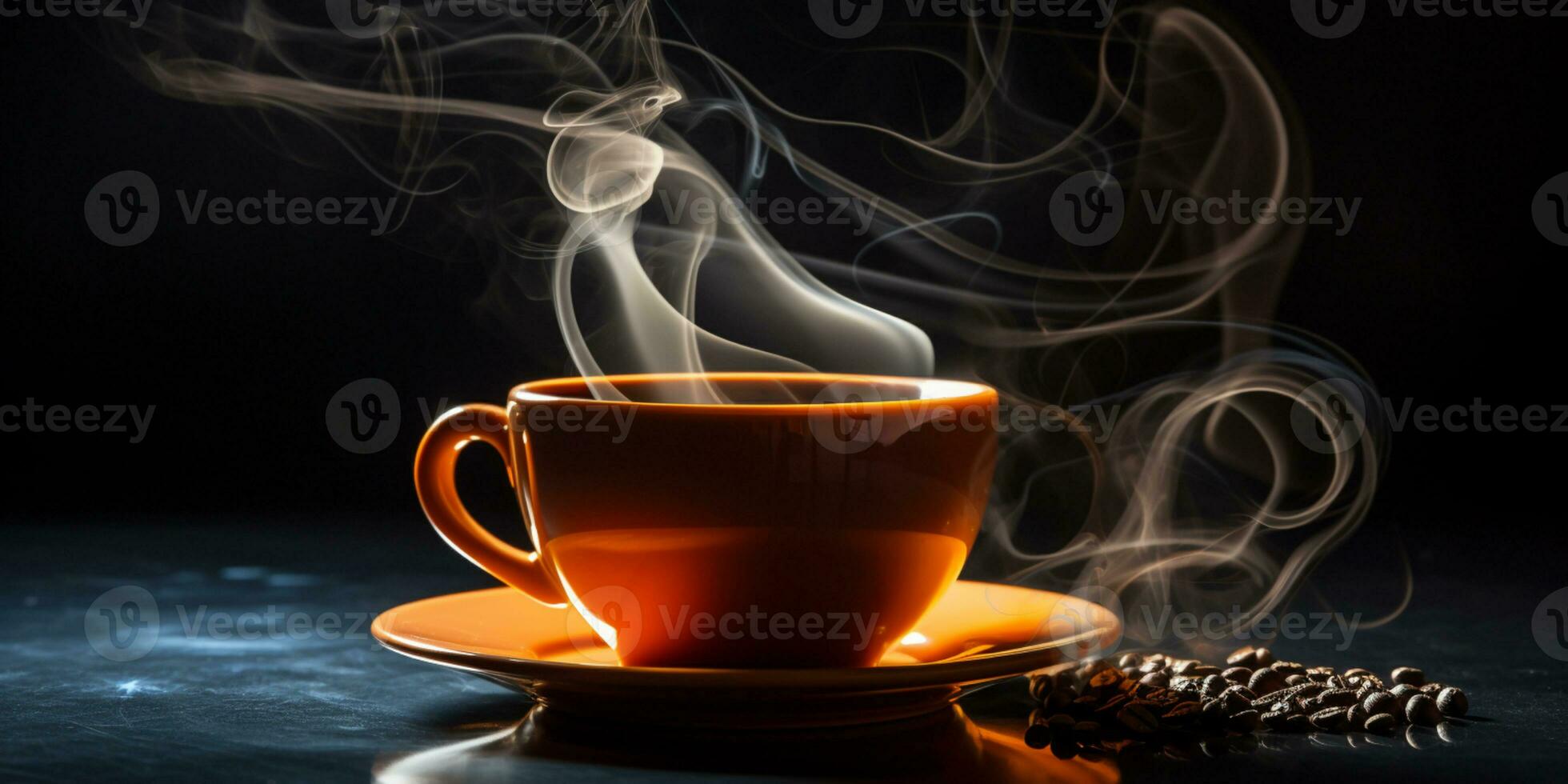 Refreshing Cup of hot Coffee on a table isolated on black background, copy space, cozy warm mood, AI Generative photo