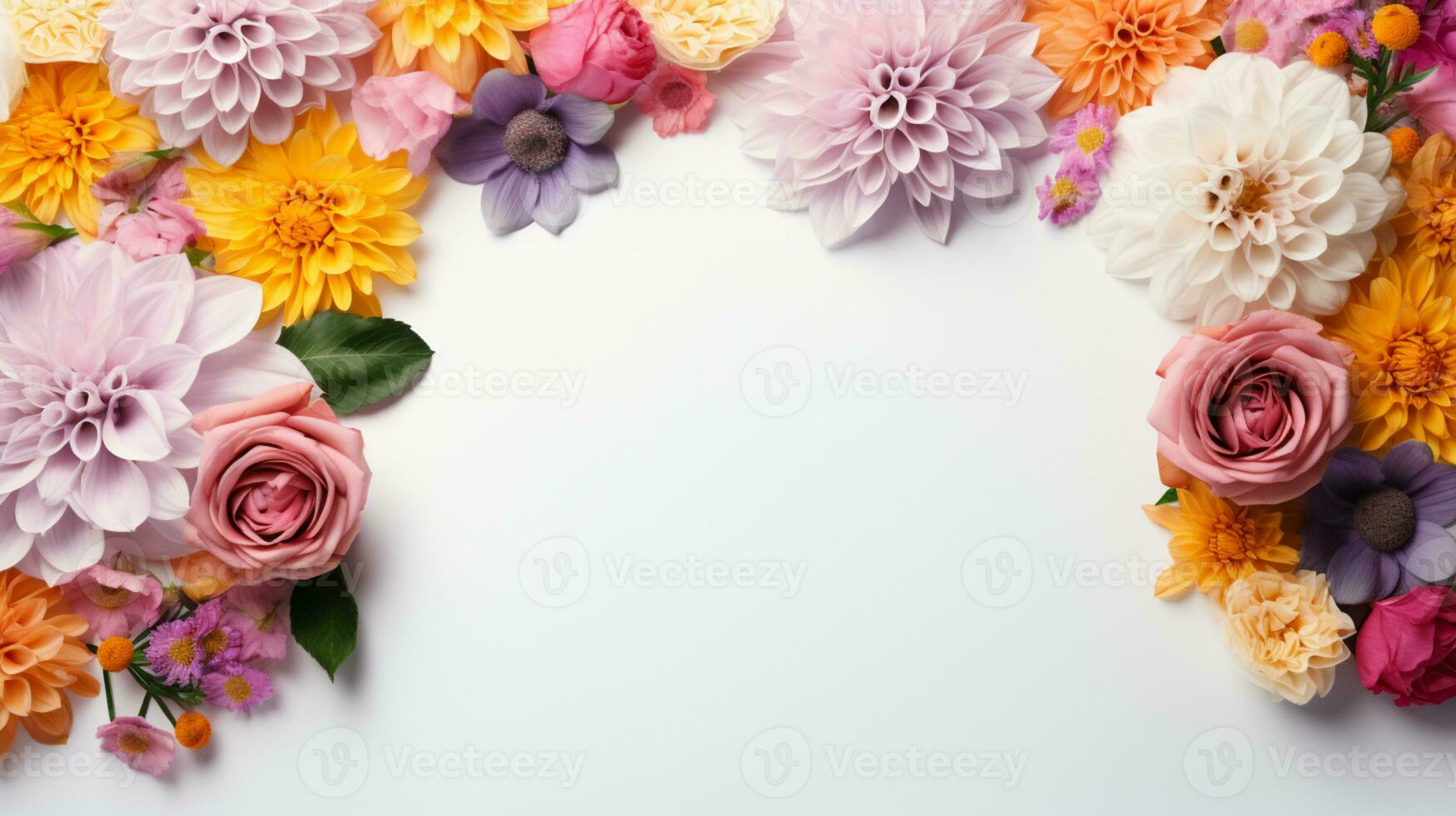 Colorful flower arranged on white background, Copy Space, AI Generative photo