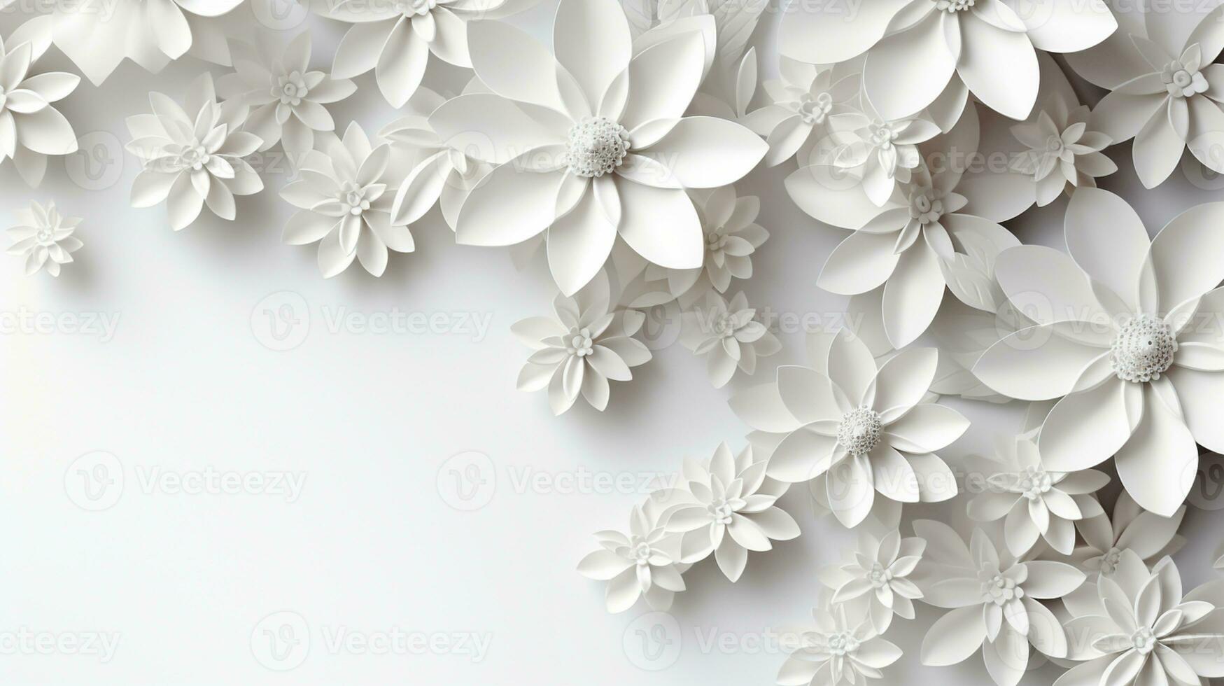 white paper flowers background, wedding decoration, bridal bouquet, greeting card template, copy space, AI Generative photo