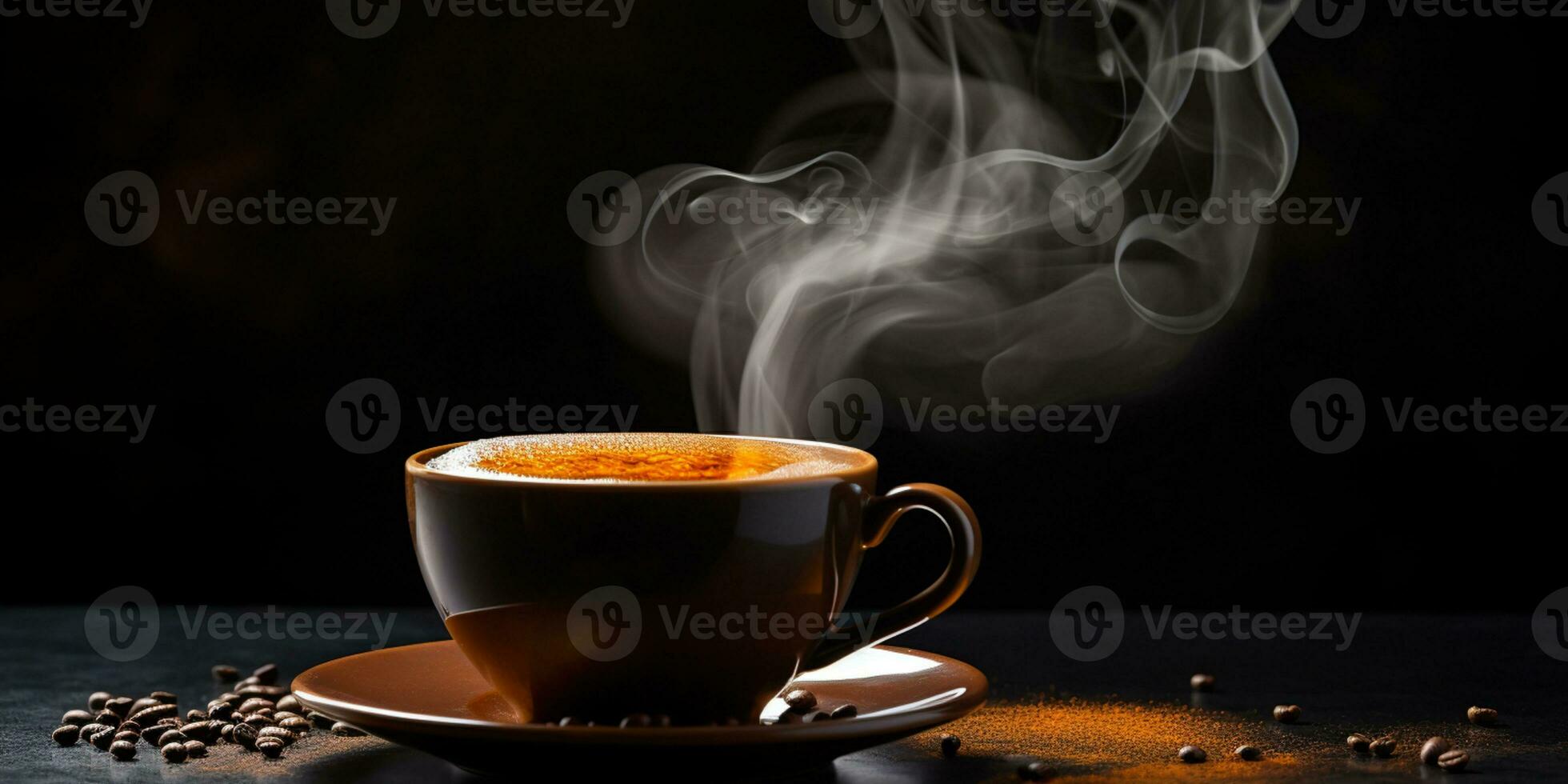 Refreshing Cup of hot Coffee on a table isolated on black background, copy space, cozy warm mood, AI Generative photo