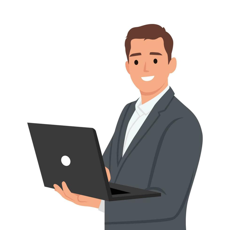 Young business man in suit using laptop computer on hand. vector