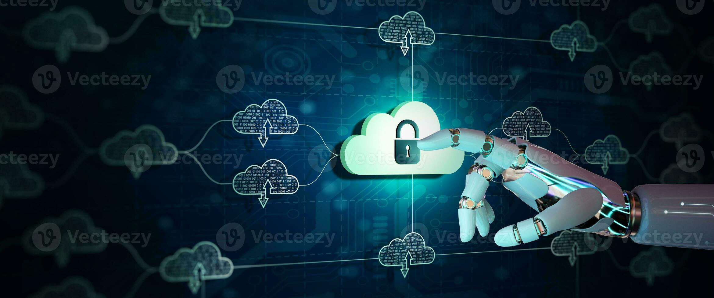 Cloud computing technology. Data information on cloud to backup storage internet data with Artificial Intelligence Concept. 3D illustration. photo