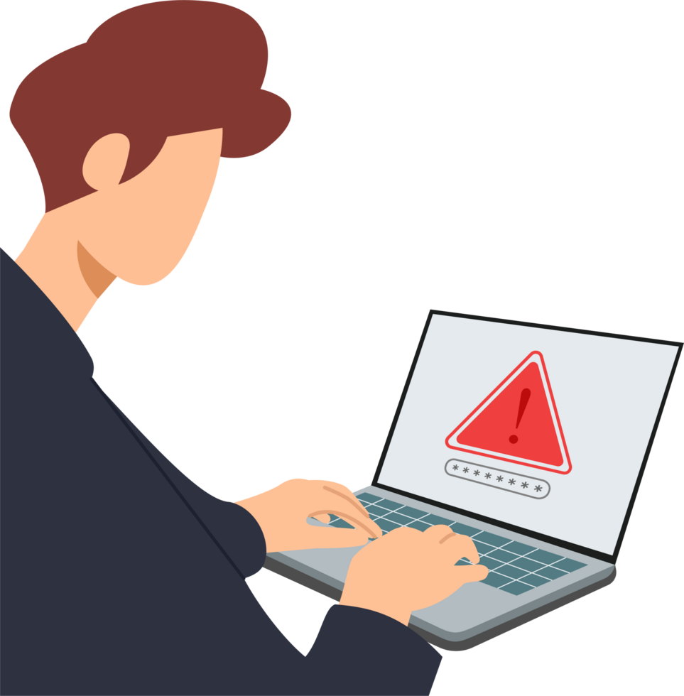 Businessman working on the computer. Warning alert system concept png