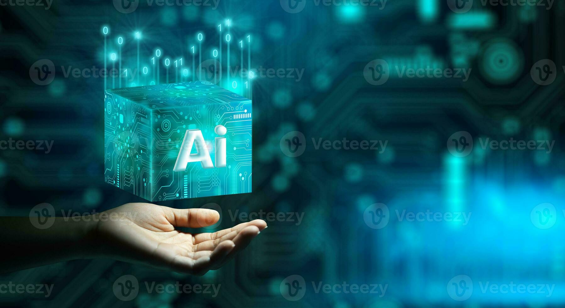 Human hand holding Ai Processor chip of Cube Technology. Artificial intelligence learnability Concept. photo
