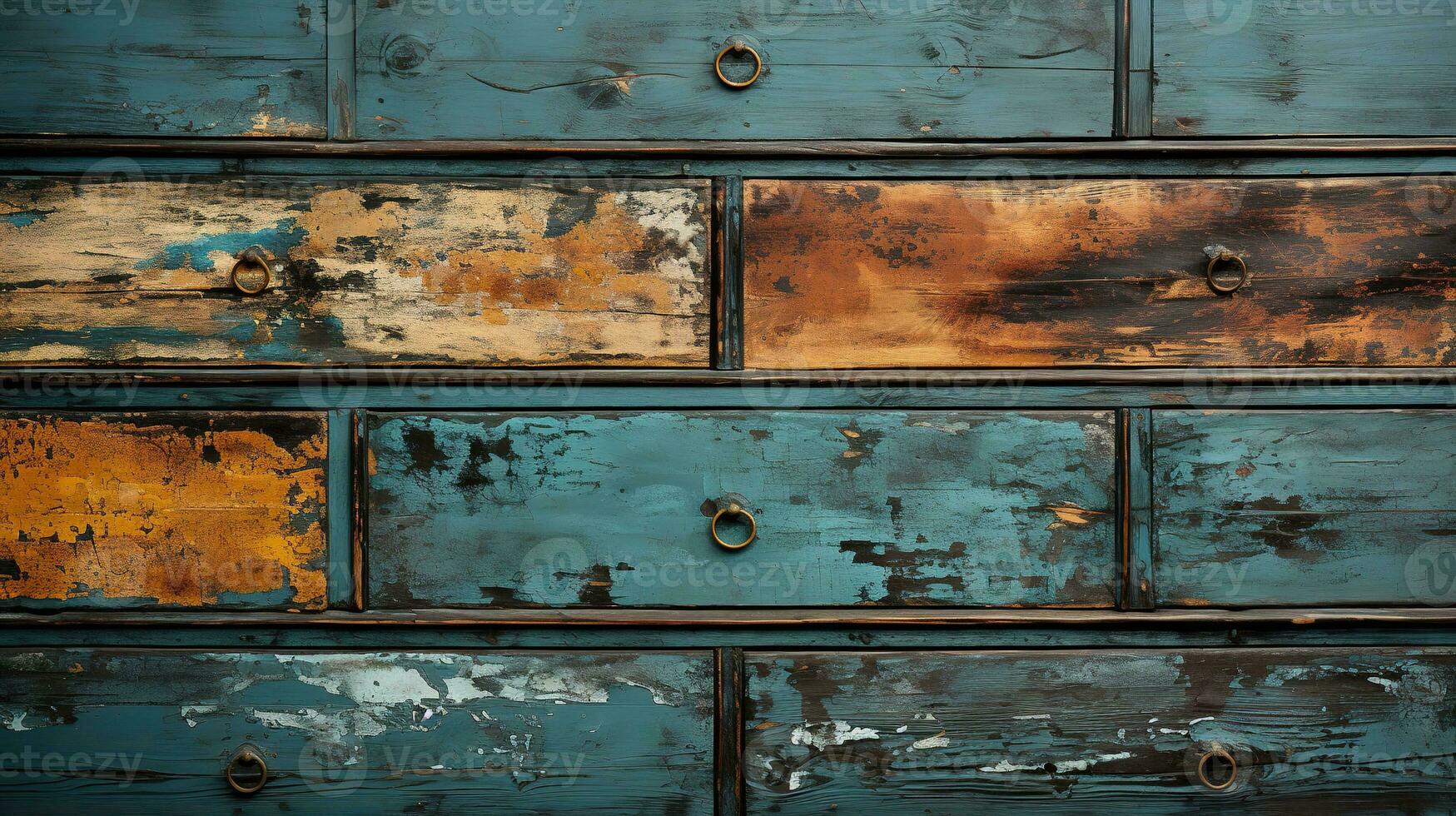 Generative AI, old dresser wooden texture. Blue, turquoise, yellow and orange colors. Vintage grunge background photo