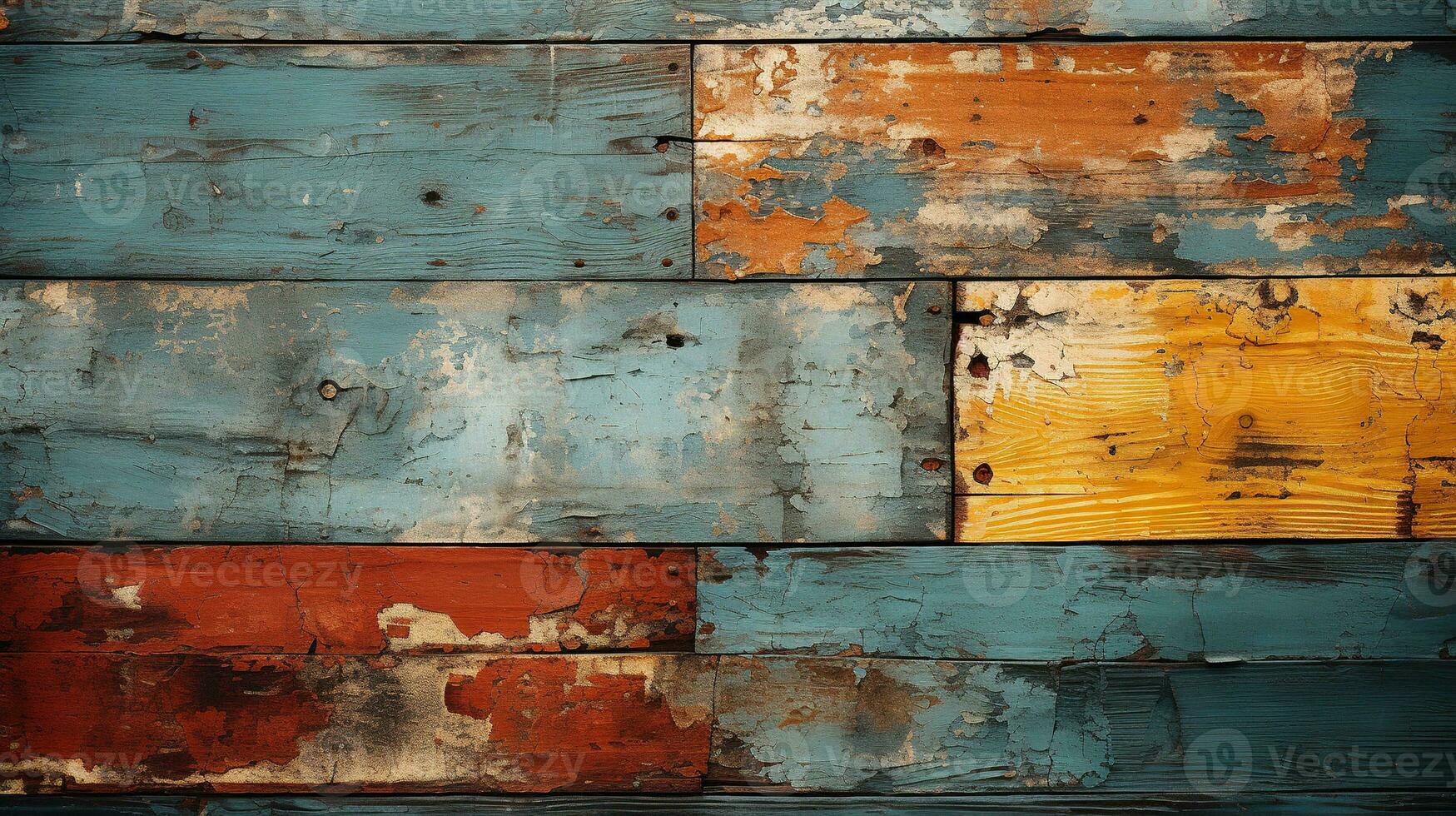 Generative AI, old dresser wooden texture. Blue, turquoise, yellow and orange colors. Vintage grunge background photo