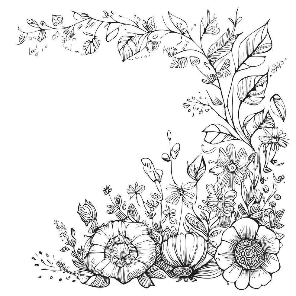 Frame of flowers in boho style sketch hand drawn Vector illustration