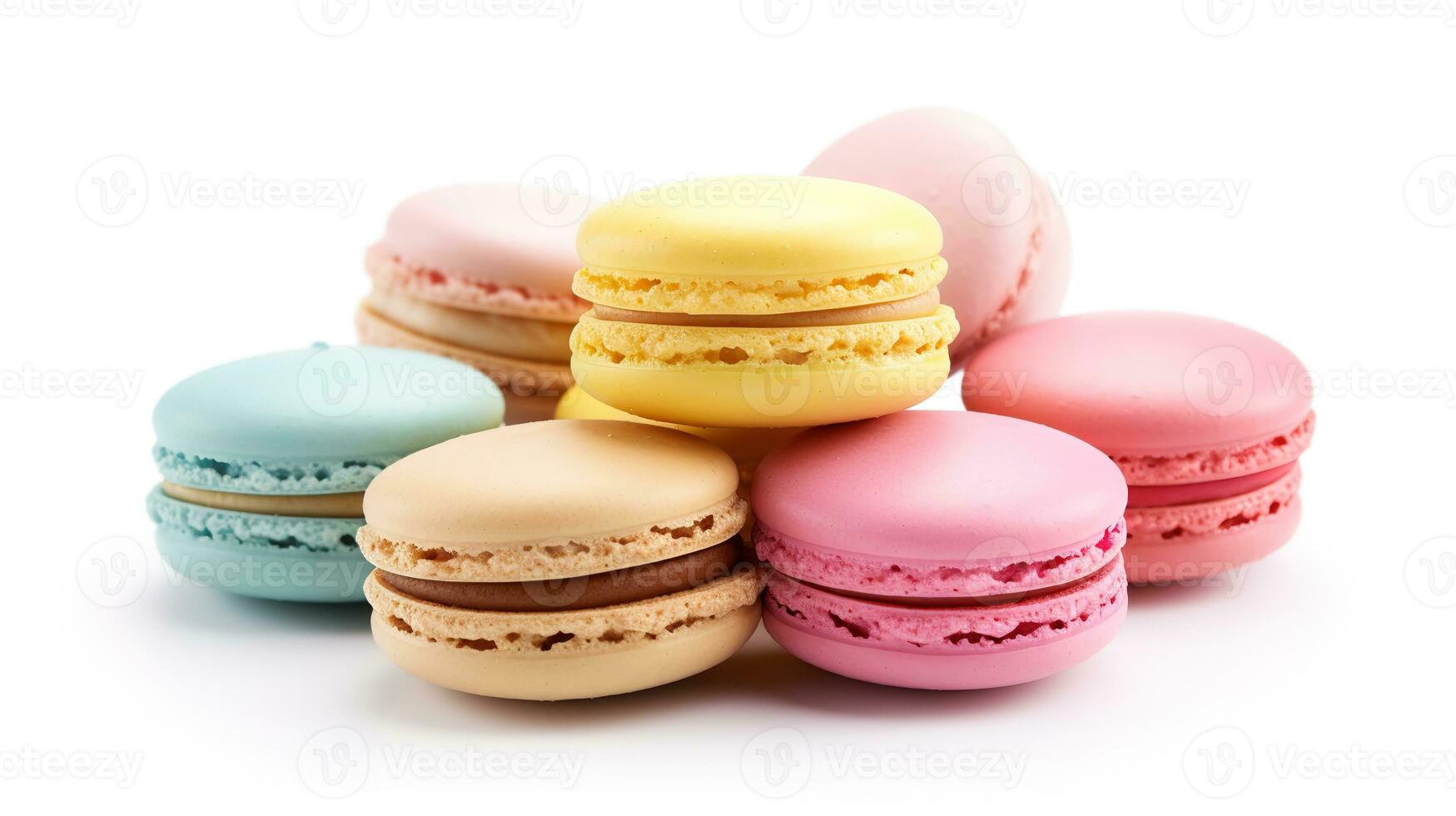 Sweet French macaroons on a white background, dessert. photo