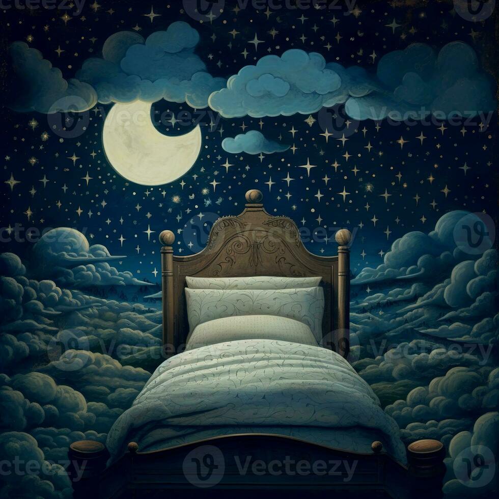 cama en el noche cielo con Luna y nubes - ilustración para niños foto