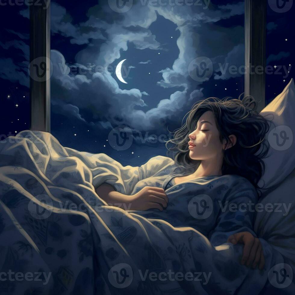Illustration a girl with closed eyes against the background of the starry sky, the universe. photo