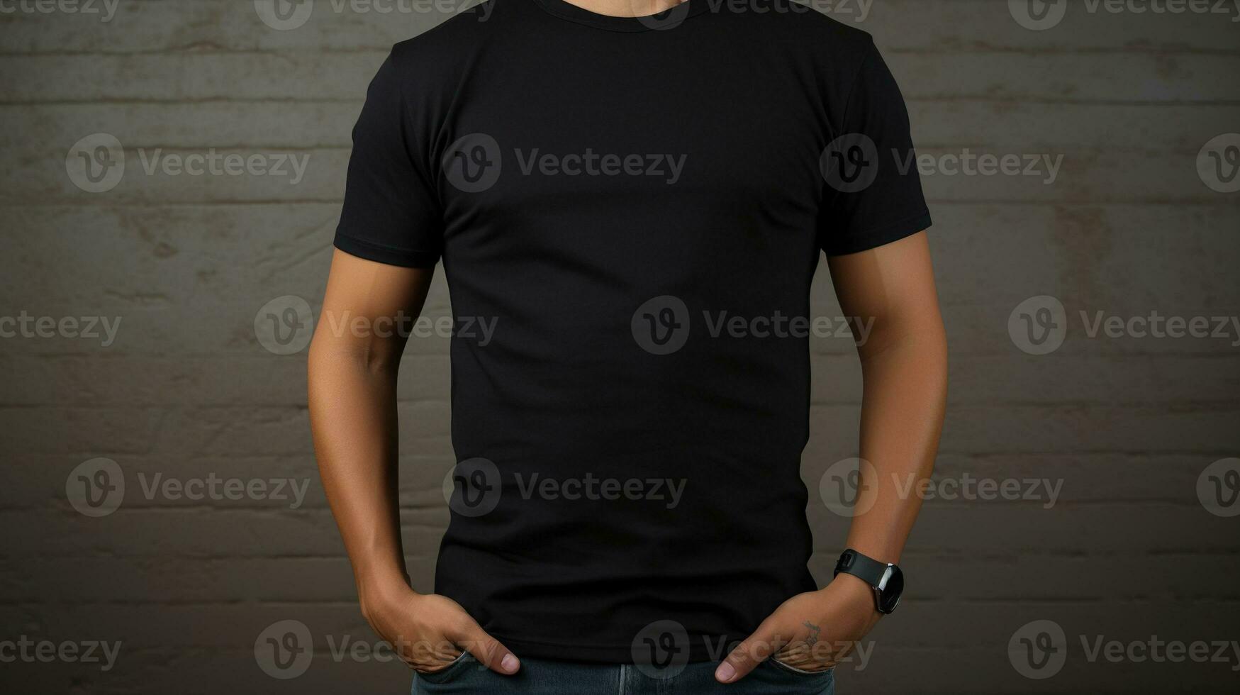 Generative AI, Realistic black T-Shirt mock up blank put on young man, front view, copyspace for presentation advertising. Blank business concept. photo