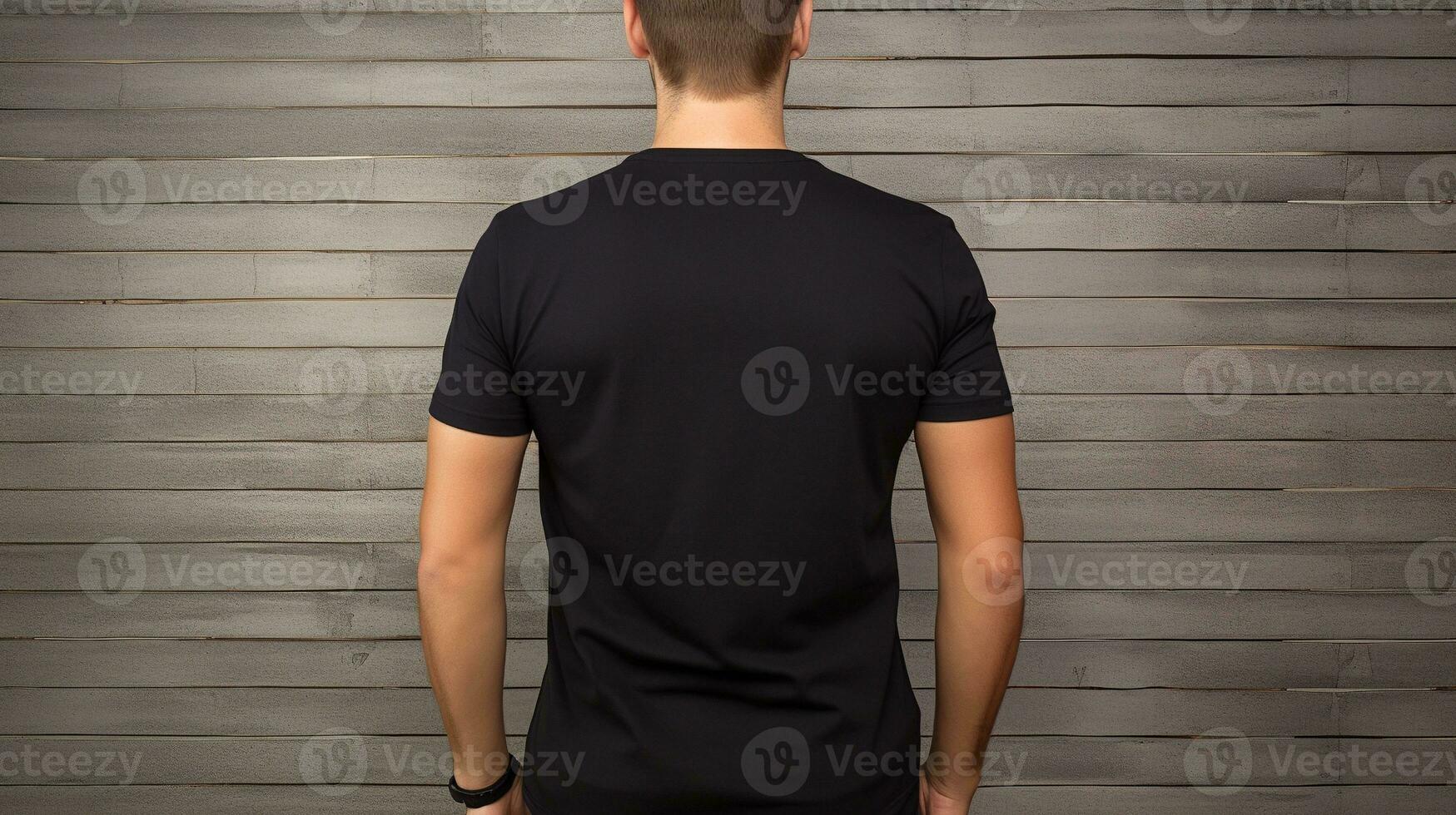 Generative AI, Realistic black T-Shirt mock up blank put on young man, back view, copyspace for presentation advertising. Blank business concept. photo